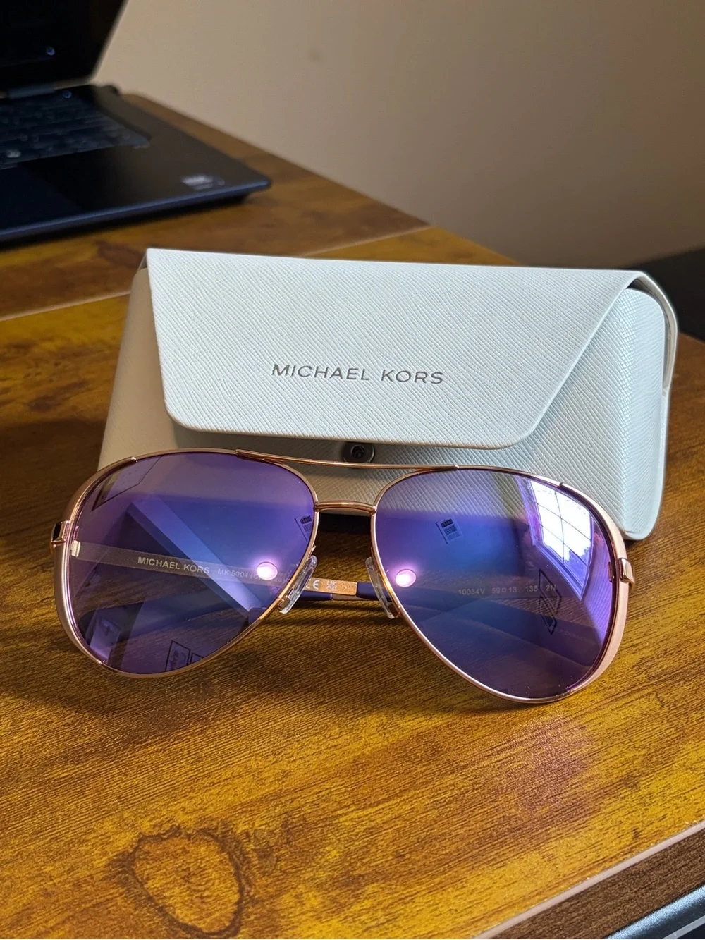 Michael Kors Rose Gold Aviator Sunglasses with Purple Gradient Lenses